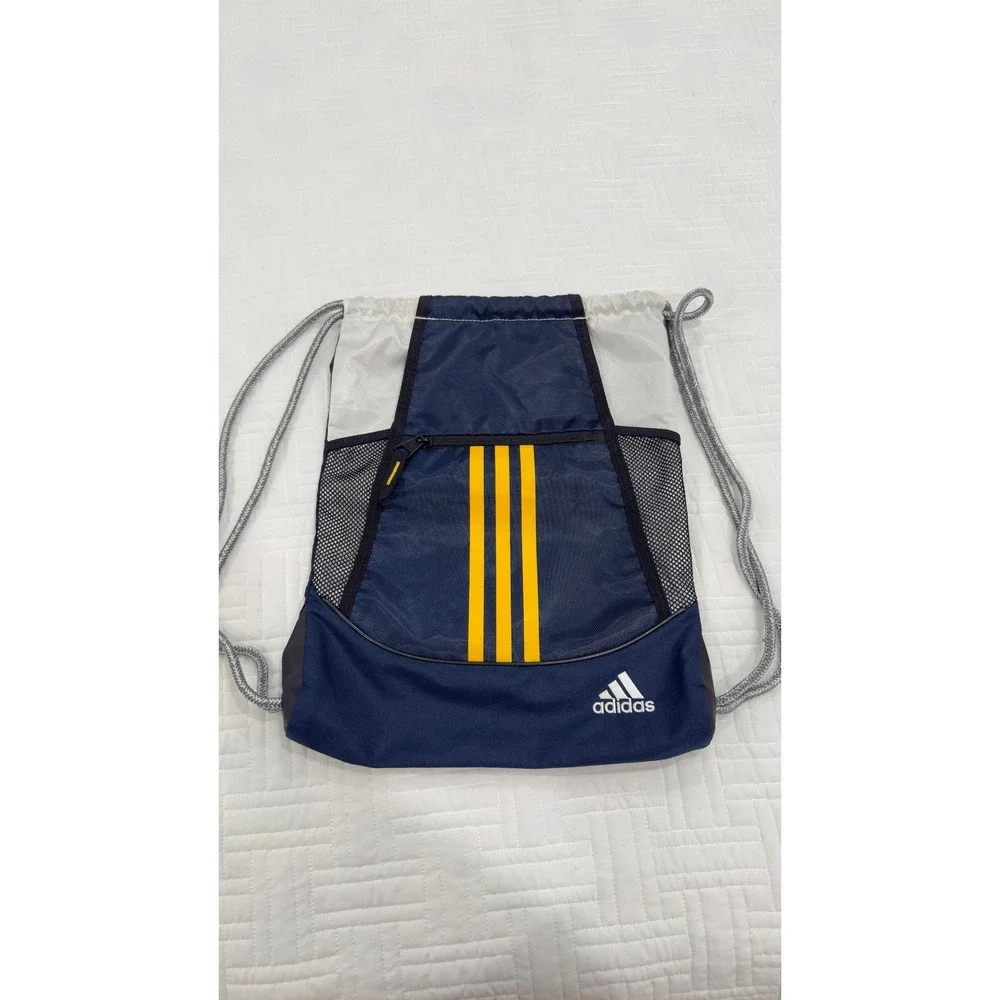 Adidas Navy Blue Yellow 3-Stripe Drawstring Cinch Sackpack Gym Bag - Picture 2 of 6